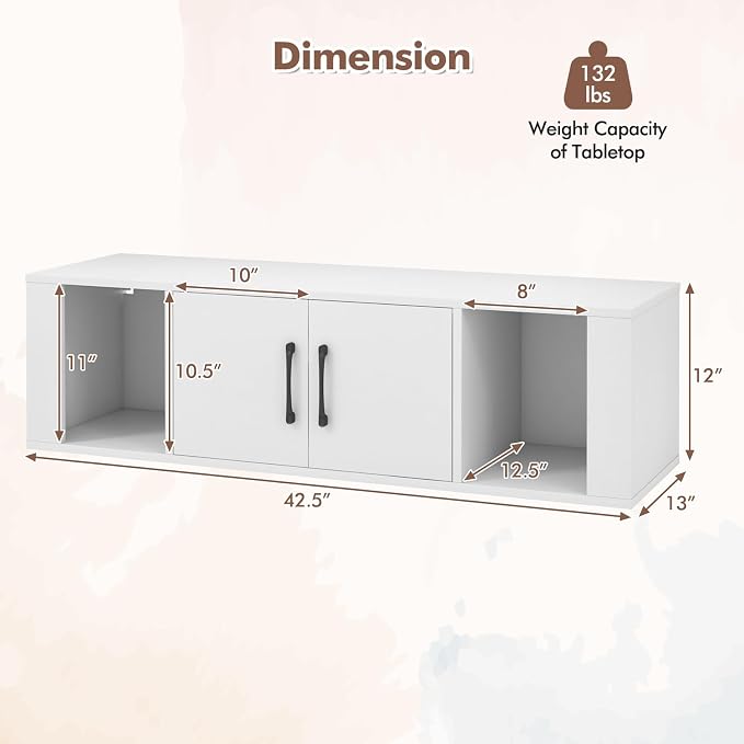 Giantex Wall Mounted Storage Cabinet 2 Cube Floating Media Hanging Desk W/2 Doors and 2 Open Shelves, Home Office Furniture for Kitchen, Bathroom, Living Room Floating Console Hutch (White)