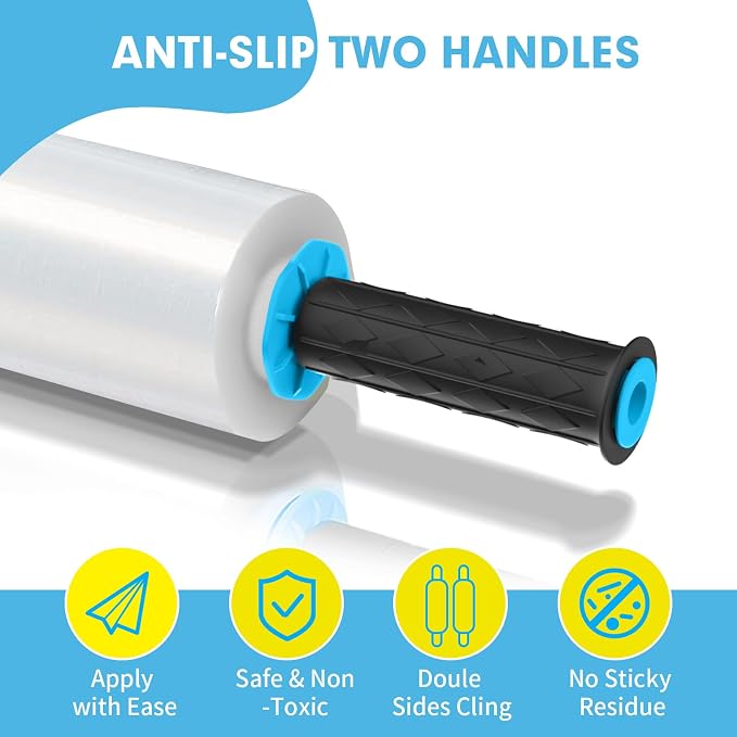 Stretch Film, PANDRI 4 Rolls Stretch Wrap with Handles Industrial Strength, Clear Shrink Wrap, Plastic Wrap for Moving Pallet Wrap, 15" x 1200 Ft Per Roll, 60 Ga, 2 Handles