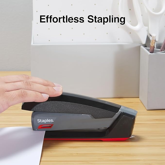 Staples One‑Touch Desktop Staplers, 20‑Sheet Capacity, Gray/Black/Red, 2‑Pack – Smooth‑Press Staplers