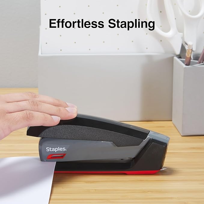 Staples One‑Touch Desktop Stapler, Full‑Strip Capacity, Gray/Black/Red – Smooth‑Press Stapler