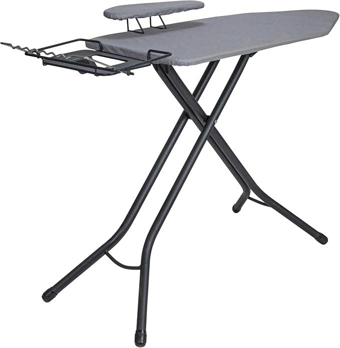 Household Essentials Wide Mega Ironing Board 4-Leg, Steel Top Pressing Station, Matte Black Frame, Grey Cover