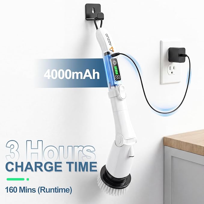 Cordless Electric Spin Scrubber with Extendable Long Handle | 3 Speed Modes, LED Light, 7 Replaceable Brush Heads, Works for Bathroom, Tub, Floor, Tile, Grout Cleaning