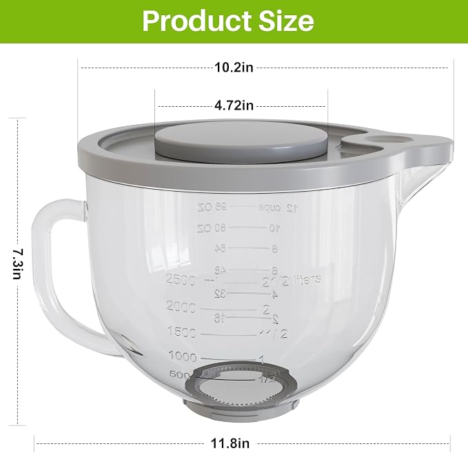 Glass Mixing Bowl 5QT Compatible with KitchenAid 4.5 & 5-Quart | Tilt-Head Stand Mixers, Includes Spout Cover, Measurement Markings & Lid, Dishwasher Safe, Microwave & Freezer Safe