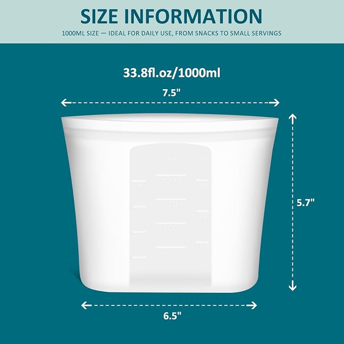 Small Reusable Silicone Food Storage Bags 4 Pack, 33fl oz/1000ml, 100% Silicone Stand-Up Wide-Open Zip-Lock Reusable Bags for Small Items, Microwave Freezer Oven Dishwasher Safe, Translucent