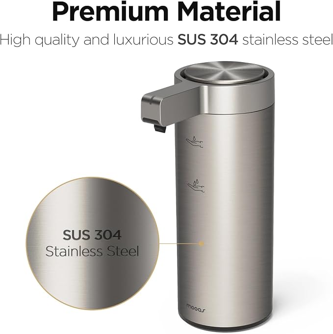mooas Automatic Liquid Soap Dispenser Stainless Steel Touchless Hand Soap Dispenser with 3 Adjustable Levels Waterproof IPX5 Motion Sensor Dish Soap Dispenser for Kitchen Bathroom AA Battery powered