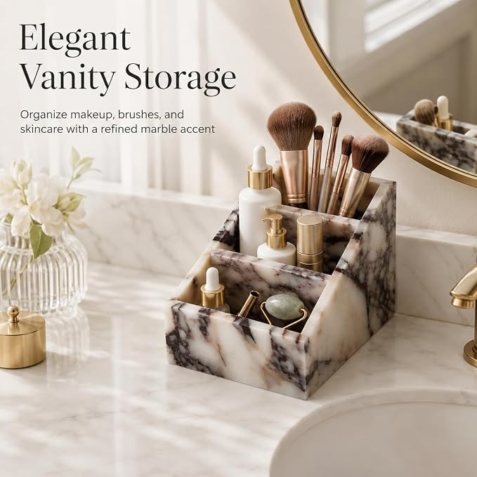 Luxury 3-Compartment Natural Marble Desk Organizer - Solid Stone Pen Holder, Makeup Brush Holder & Vanity Countertop Storage Box for Office Supplies, Bathroom Essentials, Home Decor