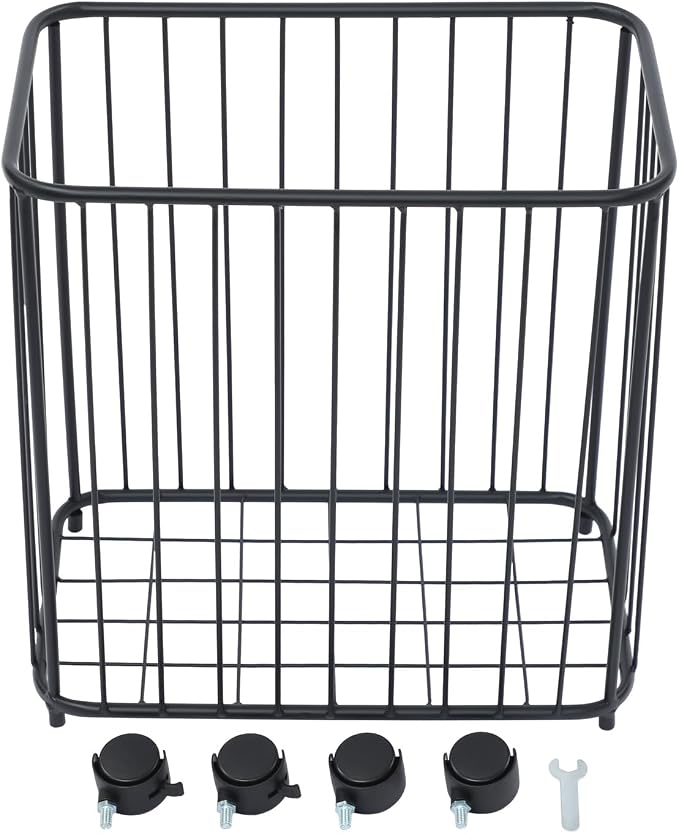 Rolling Laundry Basket with Wheels, Rectangular Metal Laundry Hamper, Large-size Dirty Clothes Basket, Versatile Portable Hollow-out Storage Basket for Home, 15.7"×9.8"×15.7" (Black-R)