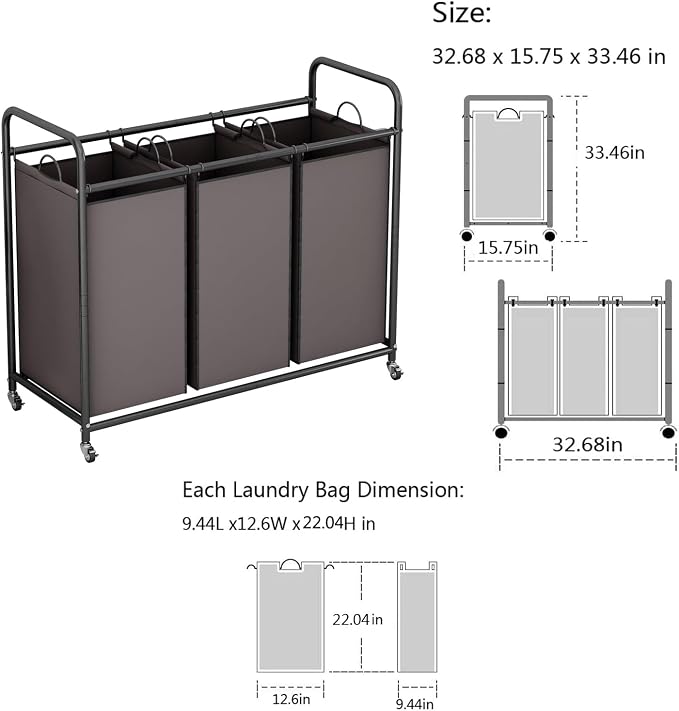 LINZINAR 3-Bag Laundry Sorter,Laundry Hamper Cart with Heavy Duty Rolling Lockable Wheels and Removable Bags (Brown) | Laundry Room Organization with Heavy Duty Rolling Lockable Wheels and Removable Bag, Bedroom Laundry Cart for Clothes Storage