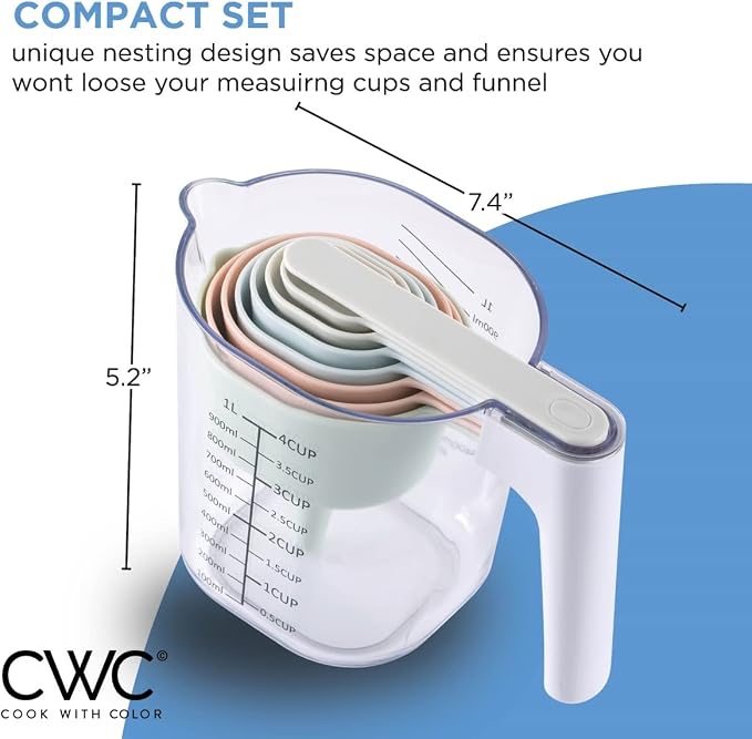 COOK WITH COLOR Measuring Cup Set - 9 PC. Nesting Stackable Liquid Measure Cup, Dry Measuring Cups and Spoons with Funnel and Scraper (Pastel)