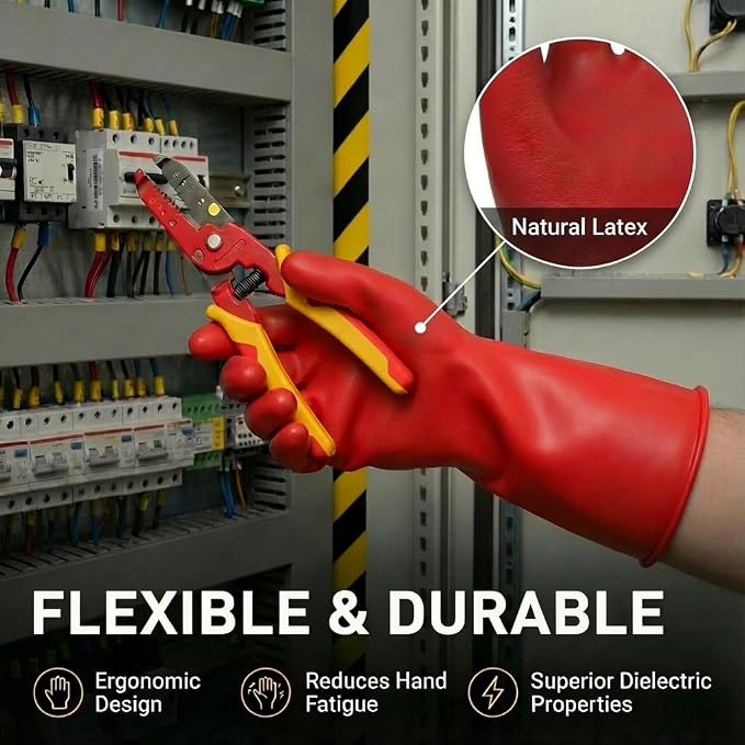 10KV Tested Electrical Insulated Gloves, Max Usage 3000V AC Natural Latex Safety Work Gloves for Electrician, Hybrid EV Car Repair, HVAC & Lineman - Red