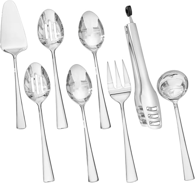8 Piece 18/10 Serving Utensils Set, Stainless Steel Serving Set | Large Serving Utensils, Slotted Spoon, Serving Spoon, Fork, Tong, Soup Ladle, Cake Server for Buffet, Parties, Kitchen