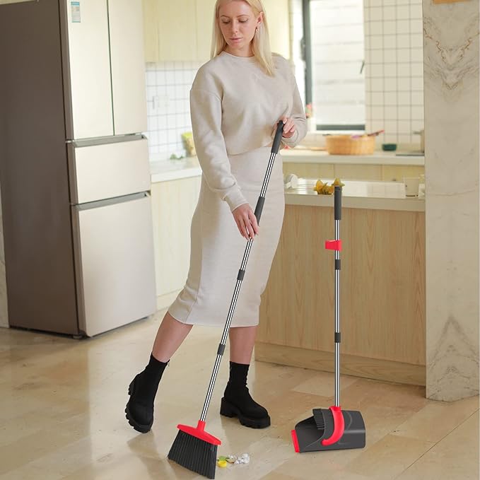 Ivandar Broom and Dustpan Set,Broom with Dustpan Combo Set Dust pan with Long Handle, for Home Kitchen Room Office Lobby Floor Use Upright Stand Up(Gray&Red)
