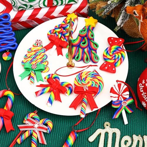 AUGSUN 16Pcs Christmas Lollipop Ornaments, Rainbow Colorful Mini Candy Cane