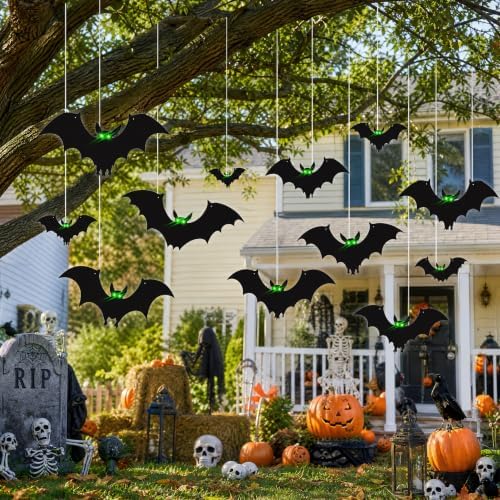 sewrung 12 Pcs Hanging Bats Halloween Decorations Outdoor - Large Flying Plastic Bats Outside Decor - 3 Different Sizes - Glow in Dark Eyes for Hanging in The Tree, Porch, Yard, Lawn, Indoor