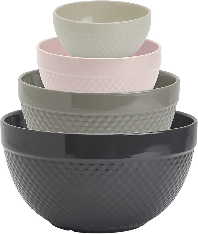 Tabletops Gallery Hobnail Style 4 Piece Timeless Grey Stoneware Nesting Mixing Bowl Set for Baking and Cooking