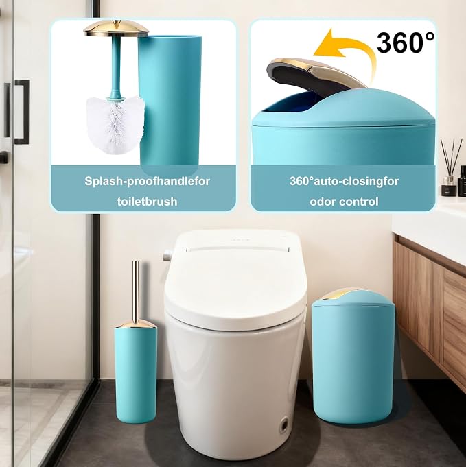 25 Pieces Bathroom Set Teal and Gold Bathroom Accessories Set, Shower Curtain and Rugs, Trash Can, Toilet Brush, Soap Dispenser, Soap Dish, Toothbrush Holder, Tumbler, Tray, Qtip Holder