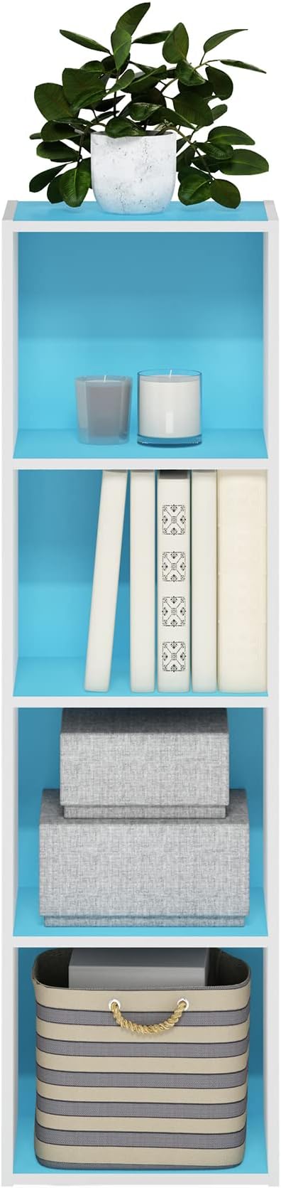 Furinno PASIR Book Shelf, 4-Tier Modern Bookshelf, Open Shelves Bookcase 9 x 12 x 42, Easy Assembly, for Living Room, Bedroom, Home Office, Light Blue/White