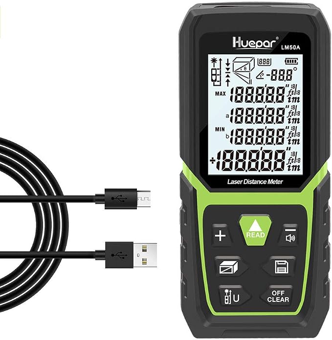 Digital Laser Tape Measure 4-in-1, HUEPAR ±1/16" Laser Measure with Dual HD Display, 200Ft Rechargeable Laser Measurement&33Ft Green Cross Line Laser&10Ft Tape, for Area/Volume/Pythagorean/Leveling