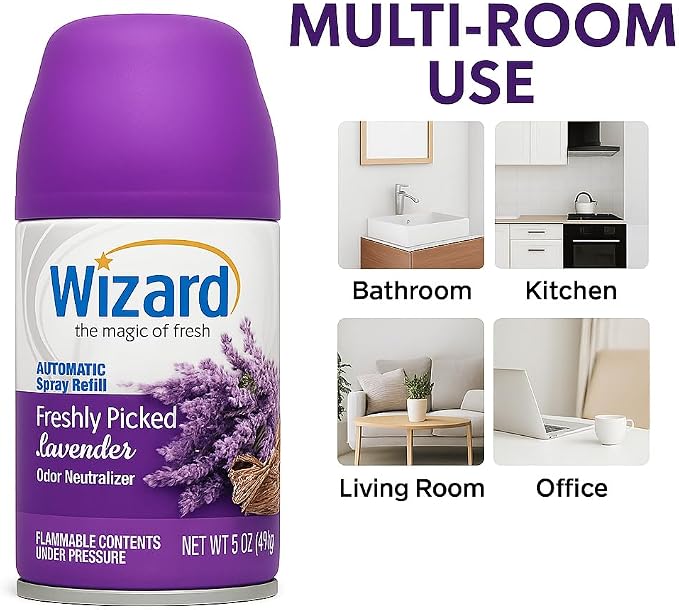 Wizard Automatic Spray Refill – Freshly Picked Lavender, 5 oz (12 Pack) | Compatible with Air Wick Freshmatic & Glade Dispensers | Long Lasting Odor Neutralizer for Home & Office