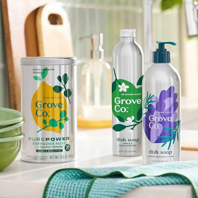 Grove Co. Apple & Pear Blossom Dish Soap Refill Bundle, 3-Pack of 16 oz Aluminum Bottles with Reusable Glass Soap Dispenser, Natural Fragrance Grease-Cutting Plant-Based Formula