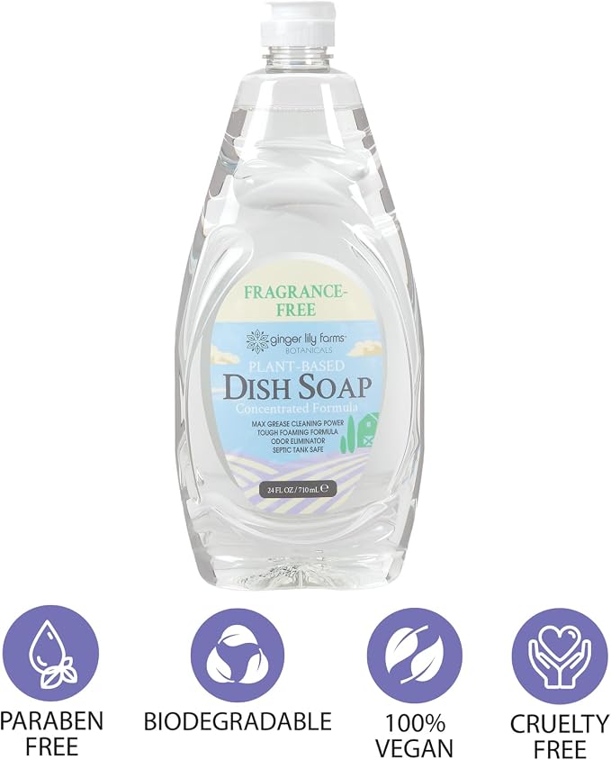 Ginger Lily Farms Botanicals Plant-Based Liquid Dish Soap, Concentrated Formula with Max Grease Cleaning Power, Cruelty-Free, Fragrance-Free, 24 Fl Oz