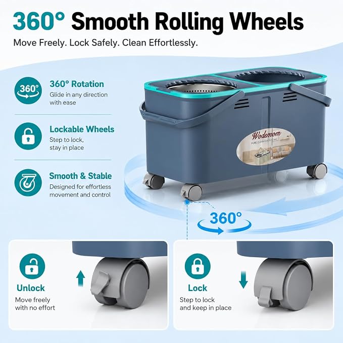 Mop and Bucket Set with Clean & Dirty Water Separation, Spin Mop with 360° Wheels & Drain, 6 Microfiber Heads,Adjustable Handle for Pet Owners, Kitchen, Bathroom, Hardwood & Tile Floors