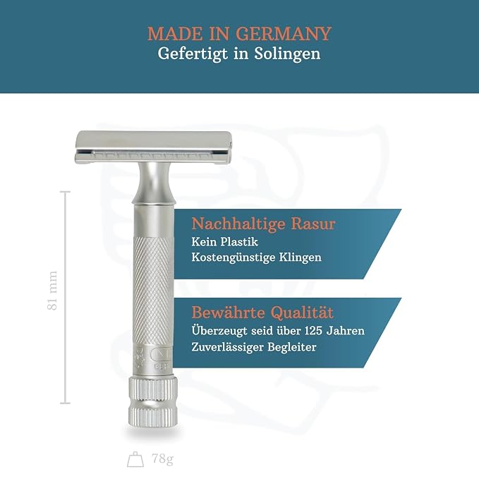 MERKUR 34 Double Edge Safety Razor - Matte Chrome | Heavy Duty Knurled Brass Handle | Made in Germany | Plastic-Free | Two Piece Design | Closed Comb | Straight Bar
