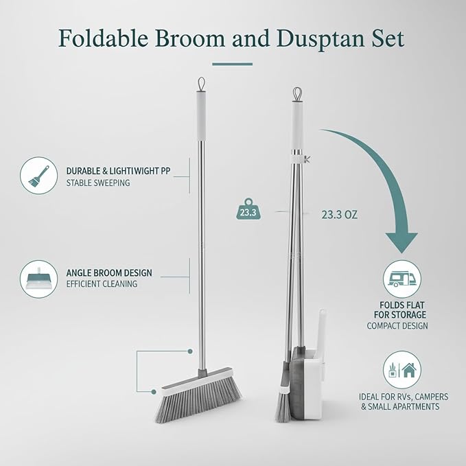 Foldable Broom and Dustpan Set, Compact Angle Broom with Integrated Storage for RV, Camper, and Small Apartment Cleaning