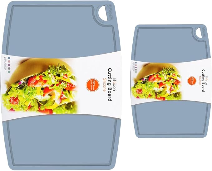 Thick Silicone Cutting Boards for Kitchen Silicone Chopping Boards/Mats Set of 2 Extra Large14.6''x10.43'', Mini 9.1”x7.1” Non-slip Deep Drip Juice Groove, Dishwasher Safe-Light Blue