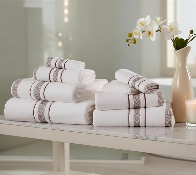 Bath Towels Set for Bathroom – Luxury 6-Piece Cotton Towels, Soft Absorbent & Quick Dry, 600 GSM Bath Towels for Bathroom, Hotel Spa Quality (White/Brown, 6- Bath Towel Set)