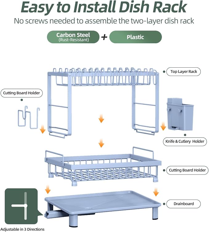 Dish Drying Rack 2-Tier Dish Racks with Drainboard, Rustproof, Space-Saving Dish Rack, Utensil & Cup Holder for Kitchen Counter, Blue