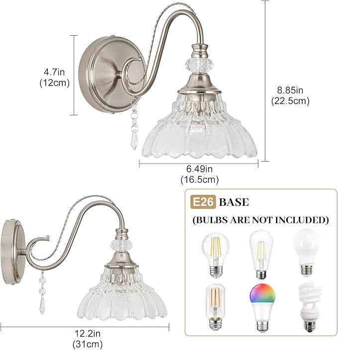 1 Piece Brushed Nickel Finish Wall Sconce, 1-Light Modern Wall Sconce with Hanging Crystal Accents and Flower-Shaped Clear Shades for Bathroom Bedroom Living Room,Modern Vanity Light