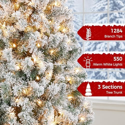 Yaheetech 7.5ft Pre-Lit Snow Flocked Artificial Christmas Tree, 550 Lights