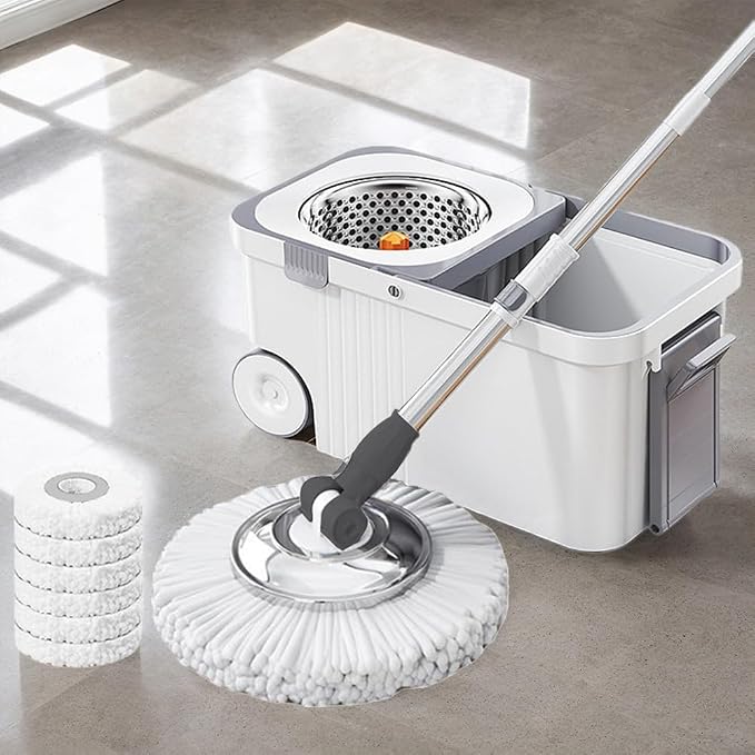 360 Spinning Floor Cleaning System with 6 Replacement Head Refills Extended Handle Hand-Free Automatic Dehydration Mop Cleaning with Bucket for Household Floor Cleaning (White Blue)