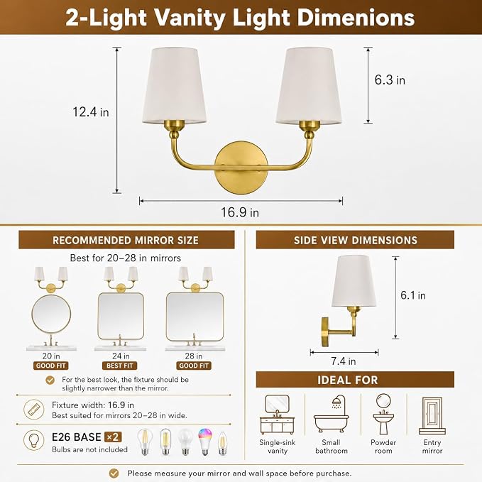 Bathroom Vanity Light, Brushed Gold Bathroom Light Fixtures, 2-Light Lighting Fixtures Over Mirror, Modern Wall Sconce with Flared White Fabric Shade, E26 Socket(ETL Listed)