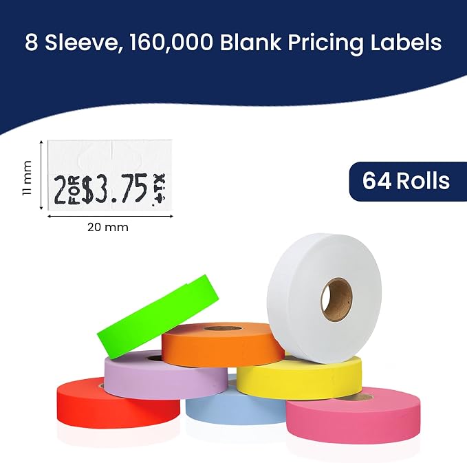 Pricing Labels for Monarch 1131 Multicolored - Includes White, Yellow, Blue, Lavender & Fluorescent Colors (Red Green Pink Orange) - 160,000 Labels w/ 64 Rolls Value Pack, 8 Sleeves - Made in USA