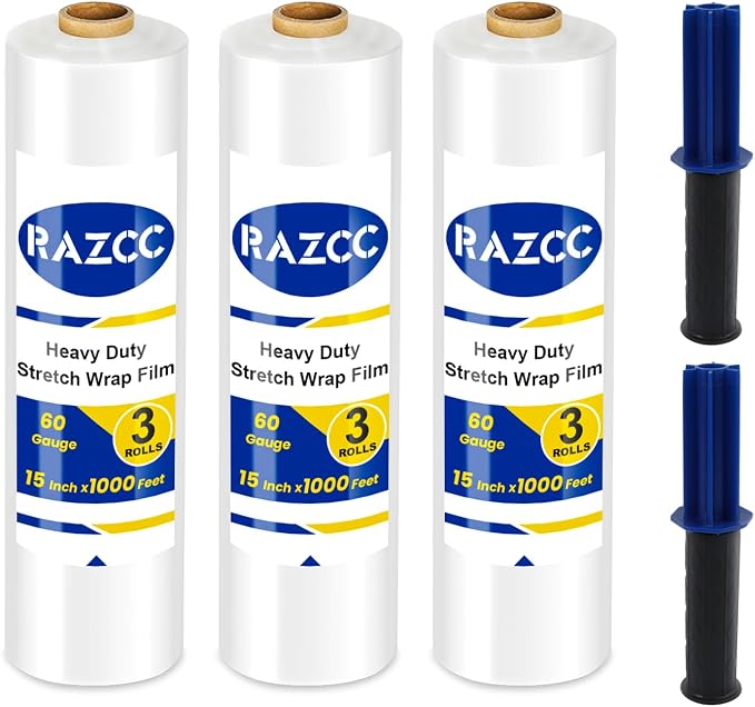 Stretch Film, RAZCC Stretch Wrap Industrial Strength, Shrink Wrap for Pallet Wrap, Heavy Duty Clear Plastic Wrap with Handles, Moving Wrapping Plastic Roll, 15" x 1000 Ft Per Roll, 60 Gauge, 3 Pack