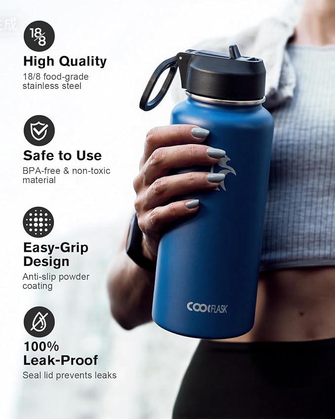 Coolflask Water Bottle 32 oz Insulated with Straw, Stainless Steel Metal 3 Lids Water Flask Wide Mouth for Sports or Office, Non-BPA Keep Cold Up to 48 Hrs or Hot Up to 24 Hrs, King's Blue