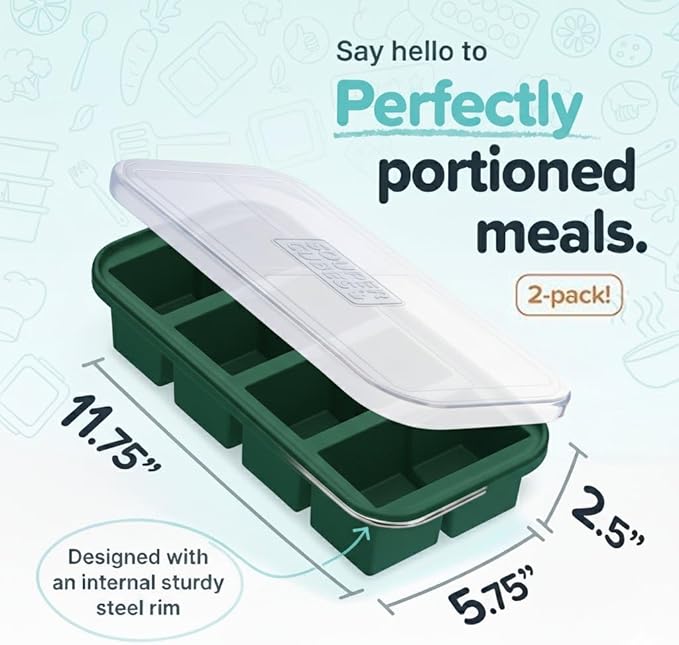 Souper Cubes 1 Cup Silicone Freezer Molds with Lids, Kale, 2-Pack | 100% Platinum-Cured Silicone Freezer Cubes, Oven and Microwave Safe, Perfect for Freezing Soup, Protein, Grains and More