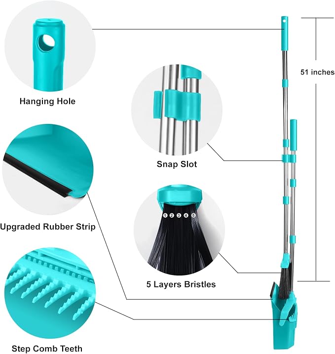 Tiumso Upgrade Broom with Dustpan Combo Set, Broom and Dustpan Set with 51'' Long Handle, Large Upright Brooms and Dust Pans, ZeroGap Lip, Self-Cleaning Dustpan Teeth for Lobby and Restaurant - Blue