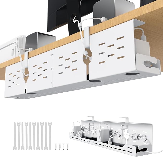 Univivi Under Desk Cable Management Tray - 32" Steel Cord Organizer, No-Drill C-Clamp & Screw Mount for Office/Home, Effortless Wire Management (White)