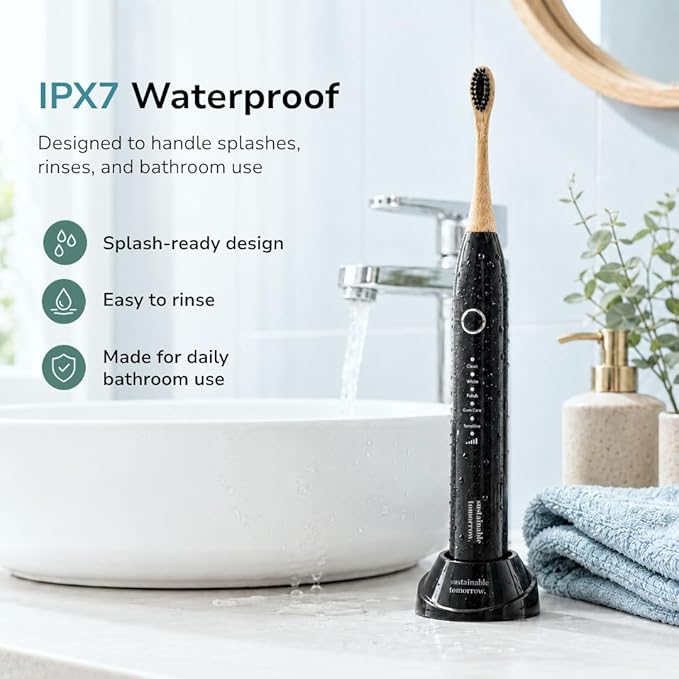 Sustainable Tomorrow Zen Bamboo Electric Toothbrush, Durable Wood-Grain ABS Handle, Rechargeable w/Plant-Based Soft Bristles, Bamboo Heads, 5 Modes & 30-Day Battery (Black)