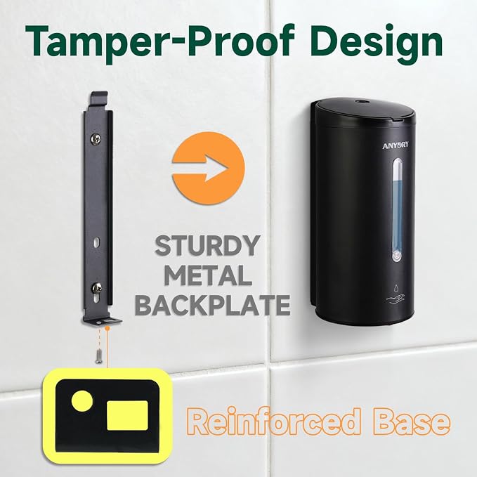 anydry Touchless Automatic Liquid Soap Dispense Wall Mount 25oz Large Capacity Stainless Steel for Commercial (Matte Black)