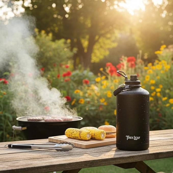Travel Water Bottle with Carrying Bag, 3 Lids (Spout, Straw, Handle), and Bottle Brush; Leak Proof, Quality, Vacuum Insulated, Stainless Steel (Black, 128 oz)