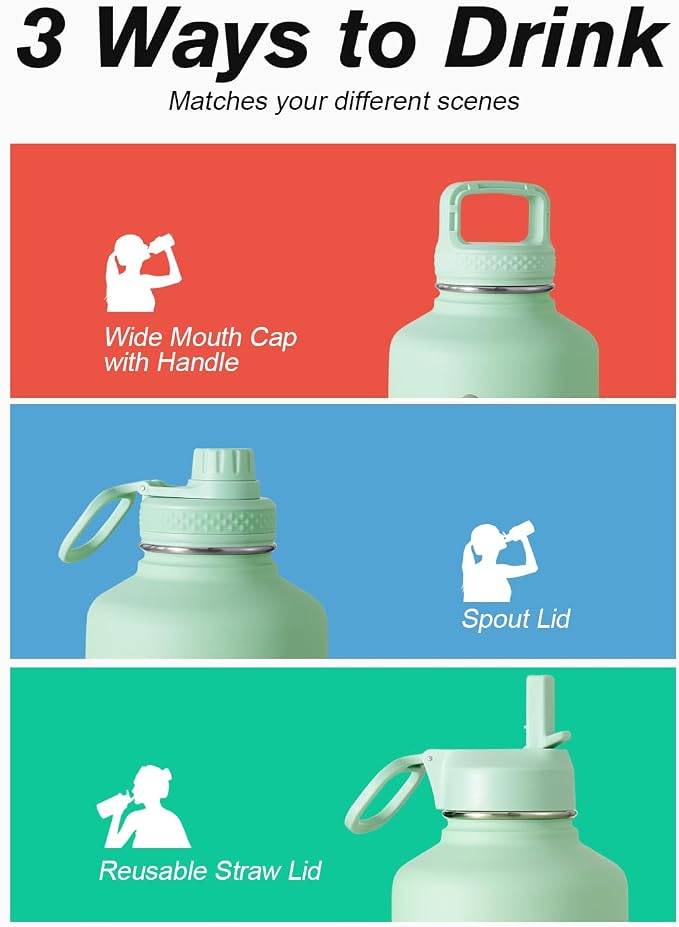 Half Gallon Water Bottle Insulated with Straw & 3 Lids, Coolflask 64 oz Water Jug Large Metal Stainless Steel Wide Mouth for Sports, Gym or Office, Non-BPA Keep Cold 48H Hot 24H, Ombre Green