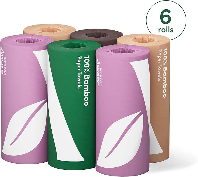 Amazon Aware Bamboo Paper Towels, 6 Rolls, 2 ply, FSC Certified, 150 Sheets, 900 Count, Plastic-Free, Multicolor