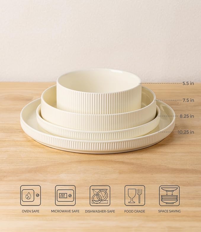 TheTerra Ceramic Dinnerware Sets with Pasta Bowls for 4, 16 Pieces Porcelain Lightweight Plates and Bowls Sets, Scratch Resistant Dish Set, Oven & Microwave & Dishwasher Safe, Beige