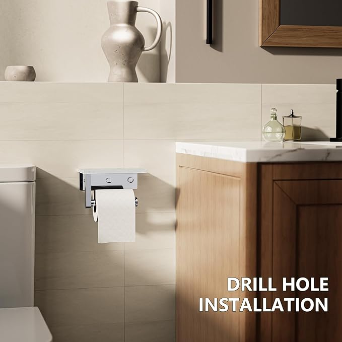 Marble Toilet Paper Holder with Shelf, Evolvegoods Chrome Bathroom Toilet Paper Holder Wall Mount, 304 Stainless Steel Modern Toilet Paper Roll Holder Storage Tissue Holder