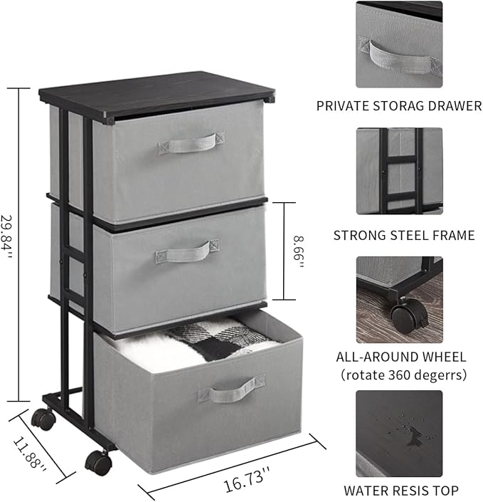 MAX Houser Dresser Tower with 3 Drawers, Grey | Fabric Storage Organizer Unit, Chest of Drawers with with WoodTop, Small Vertical Storage for Guest Room, Closet, Entryway