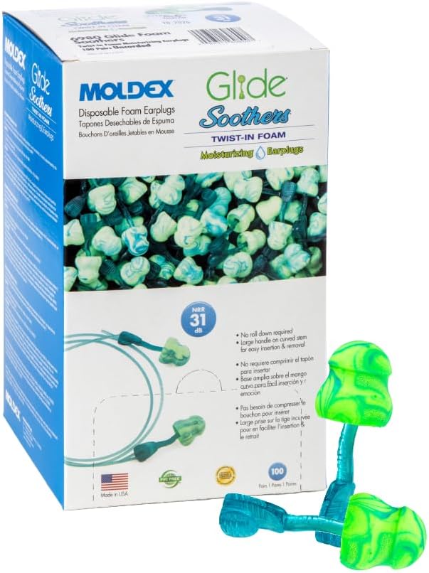 Moldex Glide® Soothers Foam Earplugs, Moisturizing, Soft, Comfortable, Uncorded Disposable Ear Plugs, NRR 31dB Noise Reduction for Hearing Protection, 6980